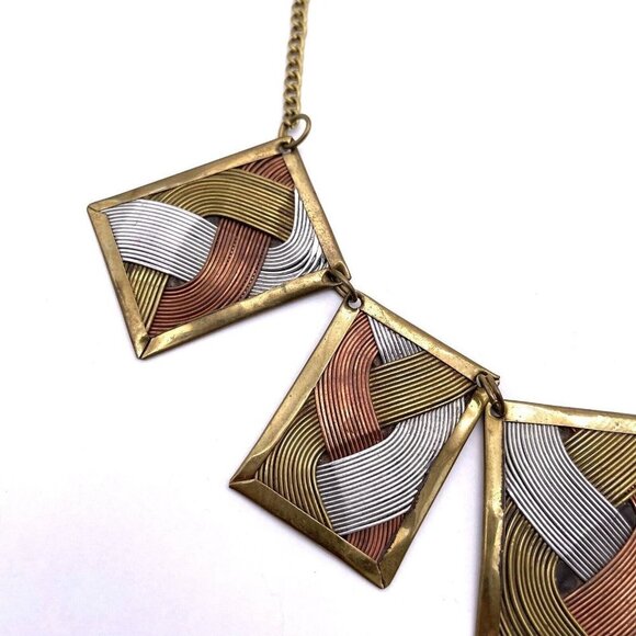 Three Tone Weaved Wire Accents Rectangle Brass Pendants Chain Necklace 22" - Picture 4 of 5